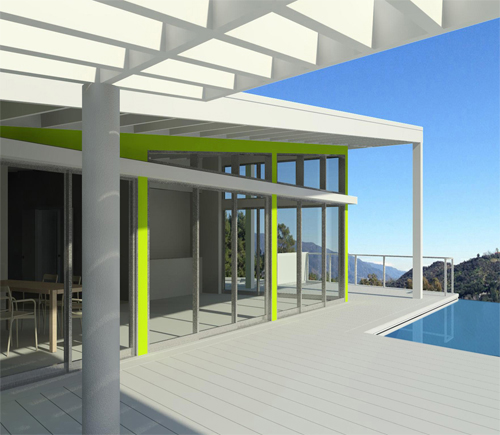 PERSPECTIVE OF EXTERIOR TERRACE AND WINDOW WALL OVERLOOKING POOL