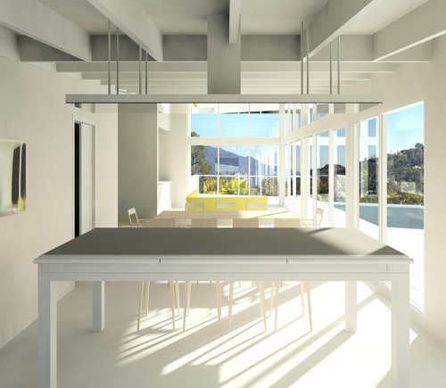 PERSPECTIVE FROM KITCHEN THROUGH DINING AND LIVING ROOMS TO VIEW BEYOND